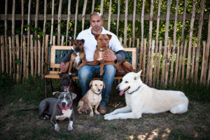 master dog trainer justin kumaran with a large group of well trained dogs on holiday at halo dogs 5 star luxry dog hotel in london