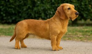 Basset Fauve de Bretagne enjoying dog holidays at Halo Dogs daycare resort—compact stocky French gundog with coarse wire fawn coat, almond eyes, and low-drooping ears in a secure boarding setting