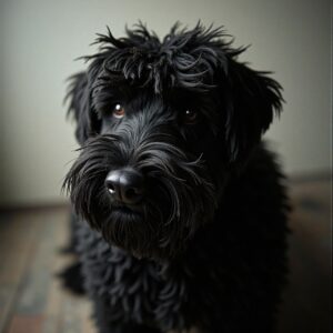 Black Russian Terrier relaxing after enrichment activities at Halo Dogs