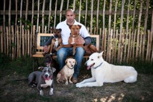 justin kumaran founder of halo dogs with six rescue dogs